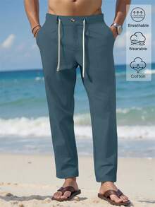 VENTUSAIL Pantalones largos de lino para hombre, color liso, cintura con cordón, corte cónico, frescos, para salir, otoño, vacaciones - Agua verde azul - Ver 3