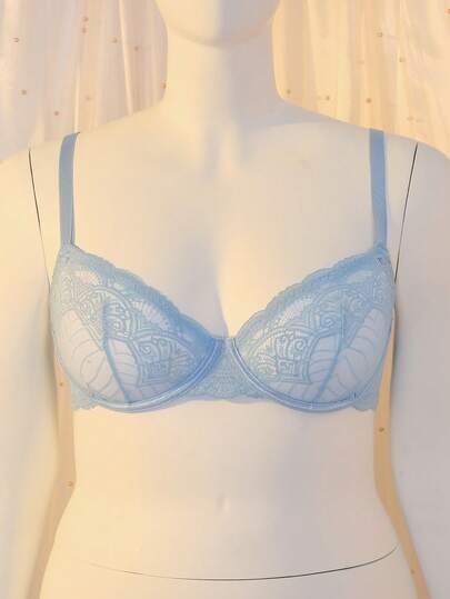 Pale Blue Lace Patchwork Comfy Balconette Bra, Elegant & Romantic French Style Plus Size
