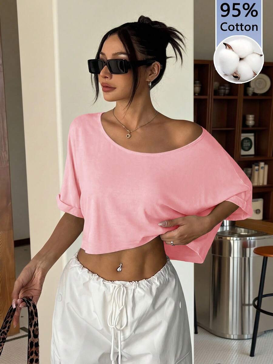 SHEIN EZwear 舒适性感露肩休闲粉色针织宽松不对称领T恤,时尚别致 - 粉色 - 查看 1