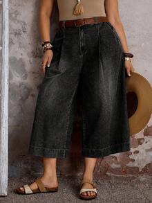 EMERY ROSE Mature Denim Plus Size Women Loose Fit Pocket Decor Wide Leg Cropped Jeans - Black - View 6