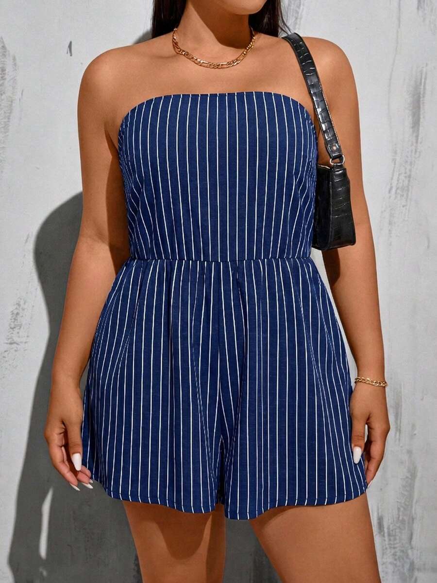 SHEIN Frenchy 条纹休闲简约大码抹胸连体裤 - 彩色 - 查看 1