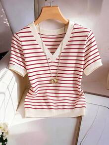 SHEIN Franclia New Striped V-Neck Short Sleeve T-Shirt For Women - Multicolor - View 1