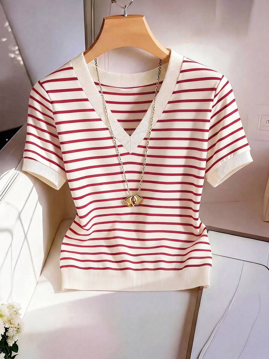 SHEIN Franclia New Striped V-Neck Short Sleeve T-Shirt For Women - Multicolor - View 1