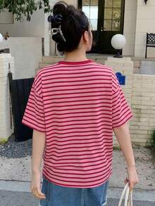 DAZY 女款寬鬆條紋短袖休閒T恤夏季圖案印花上衣 - 粉色 - 查看 2