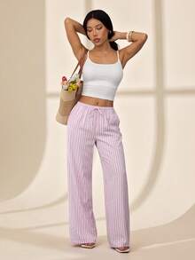 SHEIN PETITE Pantalones casuales de mujer a rayas rosas, adecuados para vacaciones de verano - Rosa - Ver 4