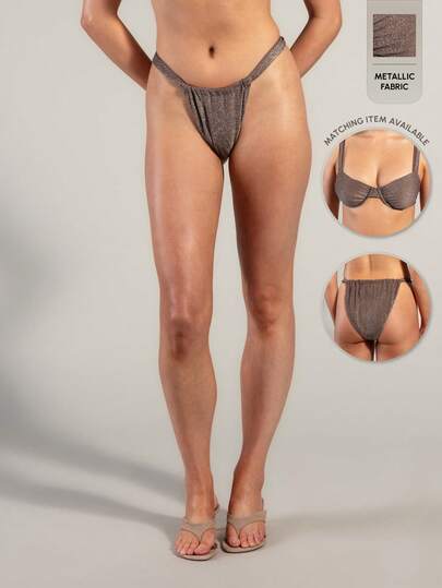 Rouah Quần bikini dây buộc bên hông màu xám bạc ánh kim sang trọng, hoàn hảo cho kỳ nghỉ hè - Có áo bikini cùng kiểu.