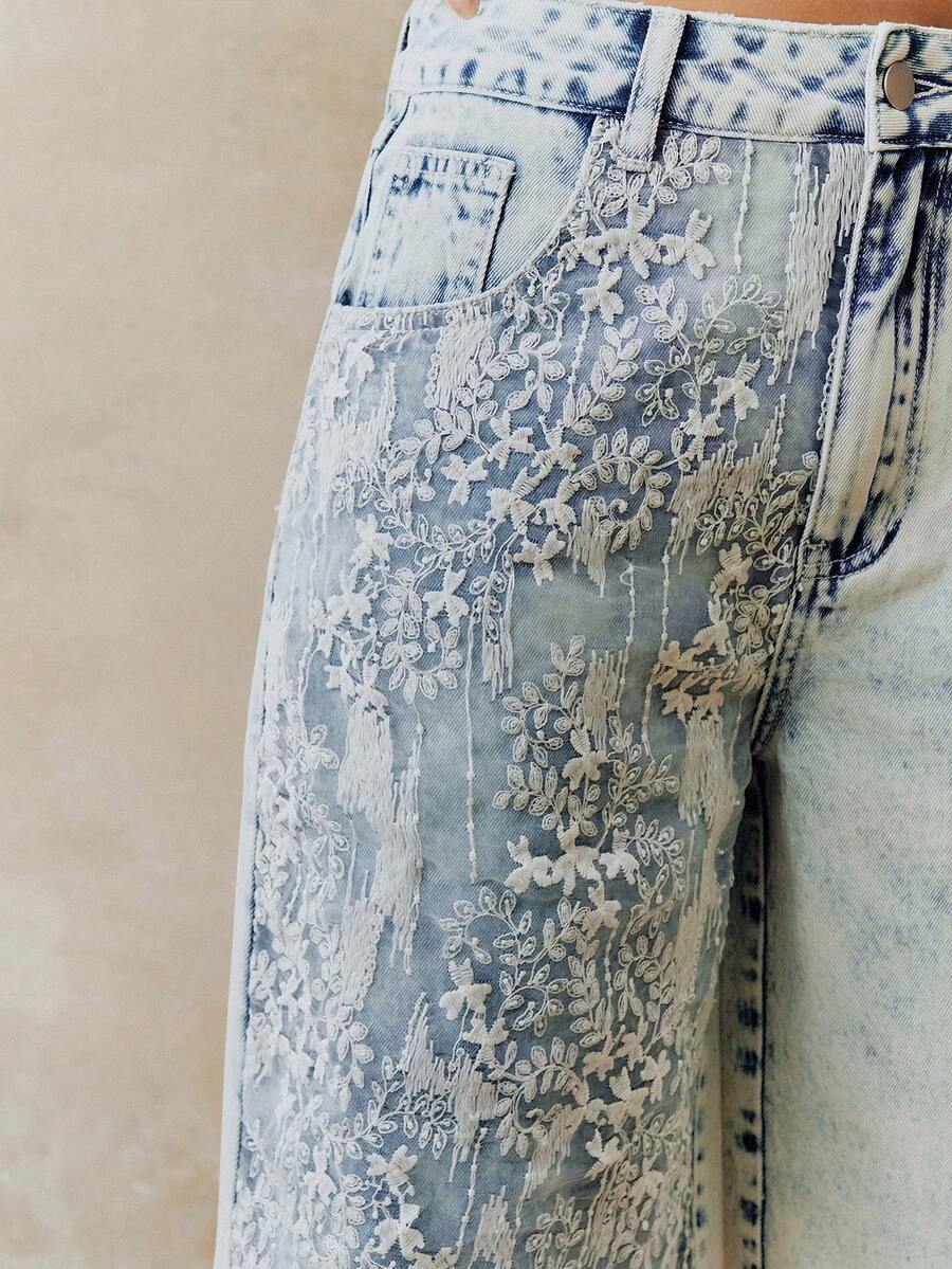 Anewsta Women's New Fashion Lace Patchwork Blue Jeans Capri Pants