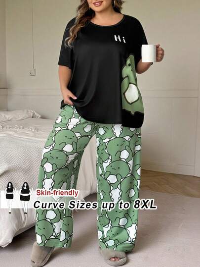 SHEIN CURVE+ 大码女装可爱印花长裤套装，休闲服装