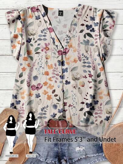 SHEIN PETITE CURVE Áo sơ mi cỡ lớn in hoa, kiểu dáng thường ngày, thích hợp cho kỳ nghỉ.