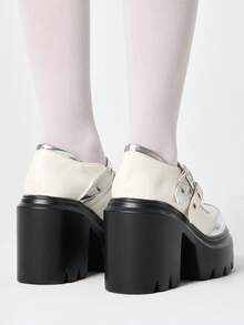 ROMWE Kawaii Giày cao gót nữ Diablo phong cách Rock Punk Goth, mũi kín, kiểu Mary Jane, da nhỏ, gót thô, phong cách Brock Y2K, giày dự tiệc. - Bạc - Xem 5