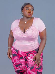 CurvyTilda Plus Size V-Neck Lace Patchwork Waist Ruched Fitted Knit Sexy T-Shirt For Spring/Summer, Wedding Guest Top Cute Pink Top, For Hourglass Body Shape - Pink - View 6