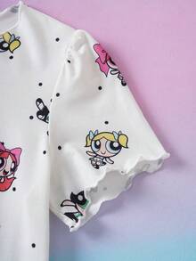 THE POWERPUFF GIRLS X SHEIN Tween Girls' Casual Comfortable Cartoon Polka Dot Print Round Neck Short Sleeve Nightgown, Summer - White - View 5