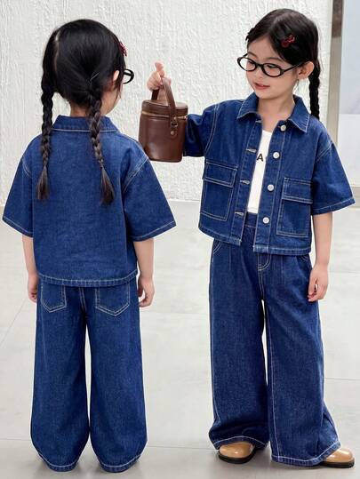 SHEIN Bộ 2 món gồm áo sơ mi và quần ngắn tay dáng rộng màu xanh navy cho bé gái.