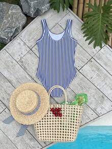 Livesso 1 bộ áo tắm liền thân kẻ sọc kín đáo cho bé gái tuổi teen, thích hợp cho kỳ nghỉ hè. - Xanh và trắng - Xem 3