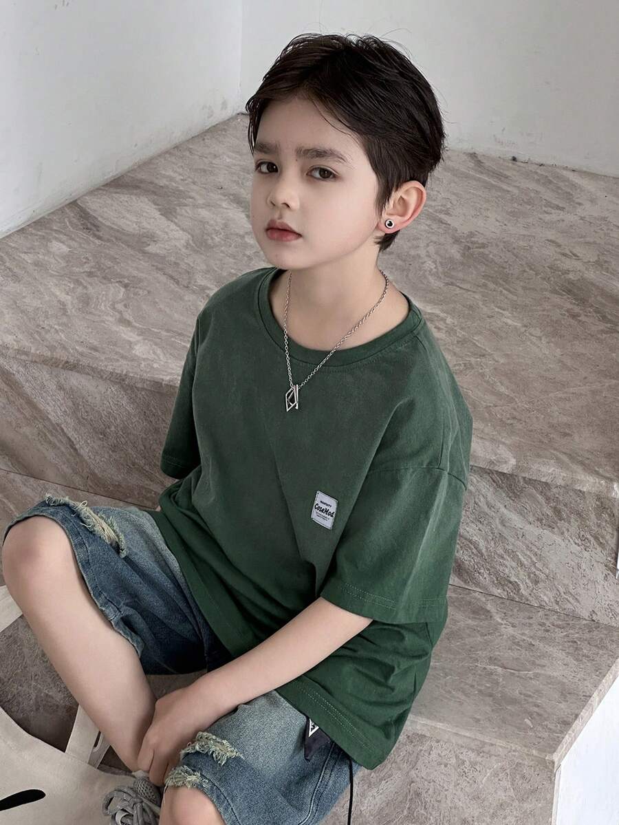 Dazy Kids 青少年男童休闲时尚街头风日常通勤字母印花宽松T恤，夏季 - 綠色 - 查看 1