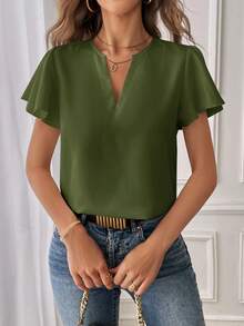 SHEIN Essnce Women's Casual V-Neck Ruffle Short Sleeve Blouse,Summer Top - Army Green - View 6