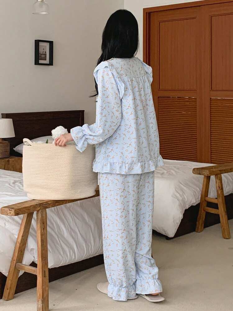 Women's Cartoon Print Peter Pan Collar Long Sleeve Top And Pants Pajama Set