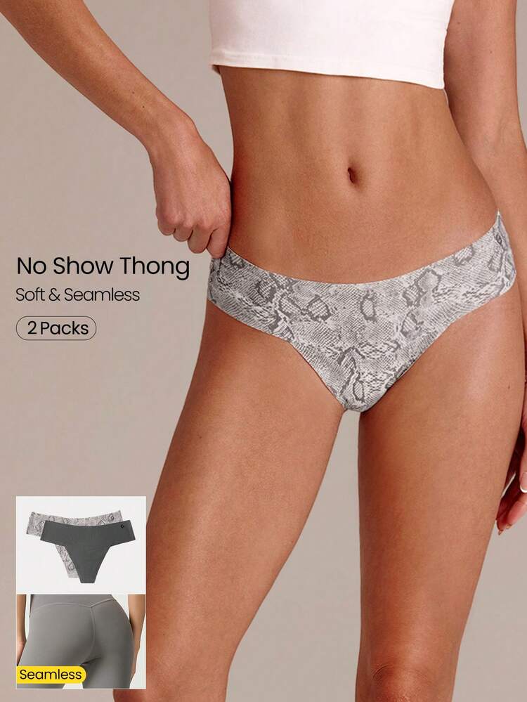 2 Packs Lightweight Breathable Sweat-Wicking Low-Waist Seamless No-Show Thong Underwear Daily Workout