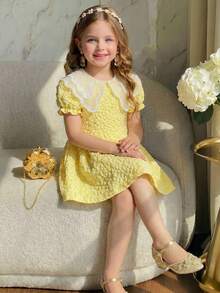 Souflis Souflis Baby Girl Contrast Mesh Embroidery Design Short Puff Sleeve Cute Dress - Yellow - View 2