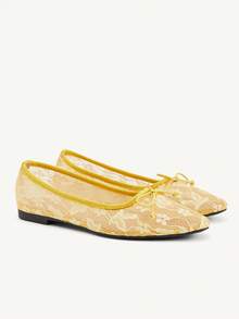CUCCOO CHICEST Giày nữ mùa xuân hè mới, thiết kế nơ dễ thương, mũi vuông nhỏ, kiểu dáng slip-on, thanh lịch lãng mạn, đơn giản và gợi cảm, giày bệt nữ, giày dự tiệc hẹn hò, tiệc trà chiều, ngày Valentine, trang phục thanh lịch. - Lớn màu vàng - Xem 4