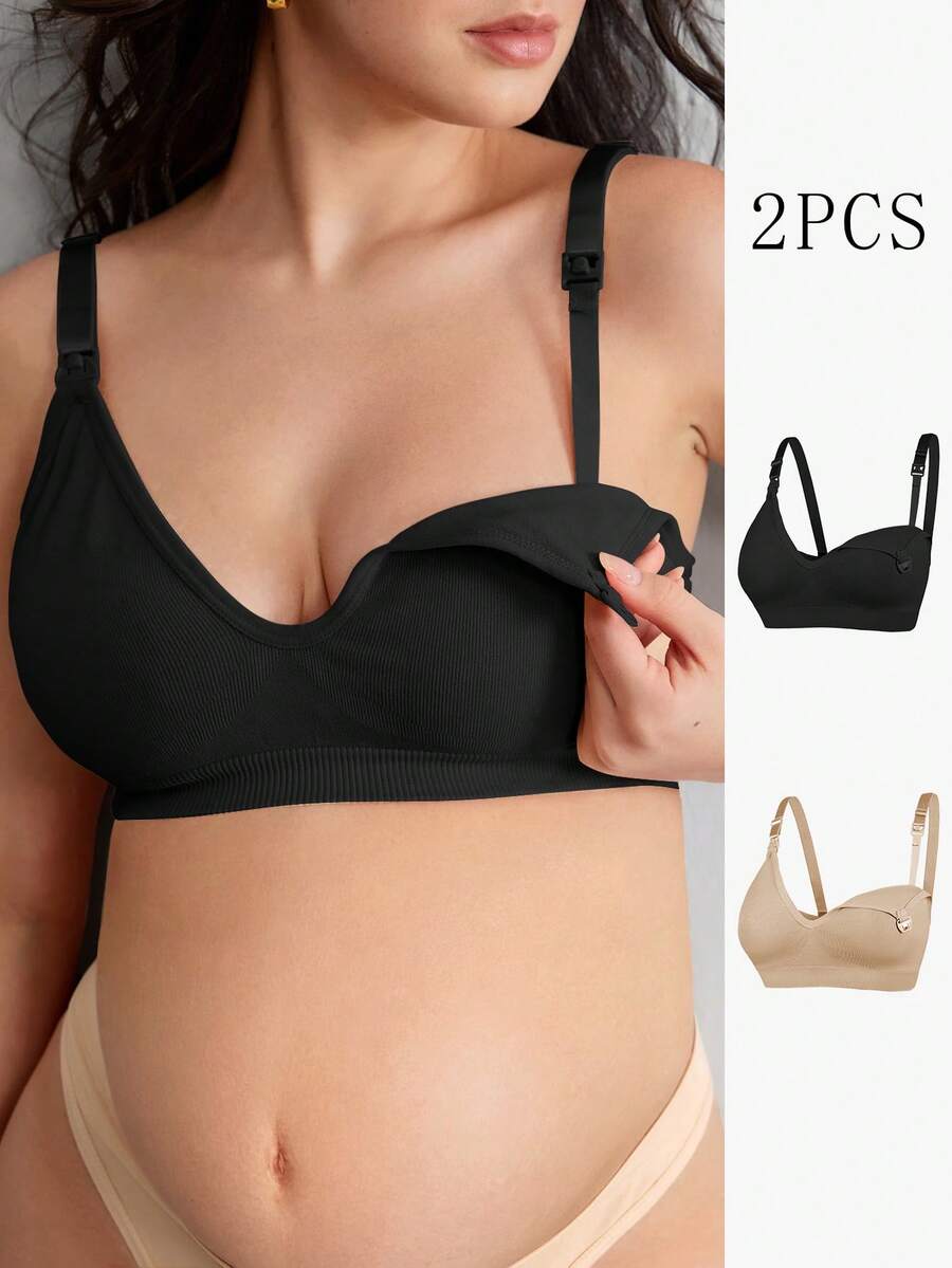 Moonlight&Mama 2026 Hot Selling Women's Seamless Minimalist Solid Color Comfortable High-Quality Portable Plus Size Maternity Bras, 2pcs/Set - Multicolor - View 1
