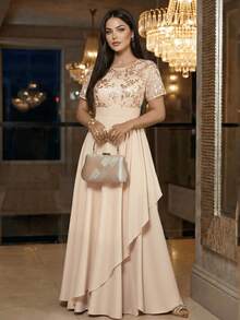 SHEIN Lady CURVE Đầm dài đính sequin thêu tinh tế dành cho nữ cỡ lớn, thích hợp cho các buổi tiệc và liên hoan. - Màu Khaki - Xem 1