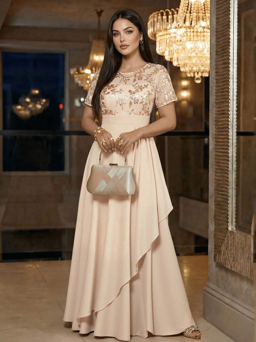 SHEIN Lady CURVE Đầm dài đính sequin thêu tinh tế dành cho nữ cỡ lớn, thích hợp cho các buổi tiệc và liên hoan. - Màu Khaki - Xem 1