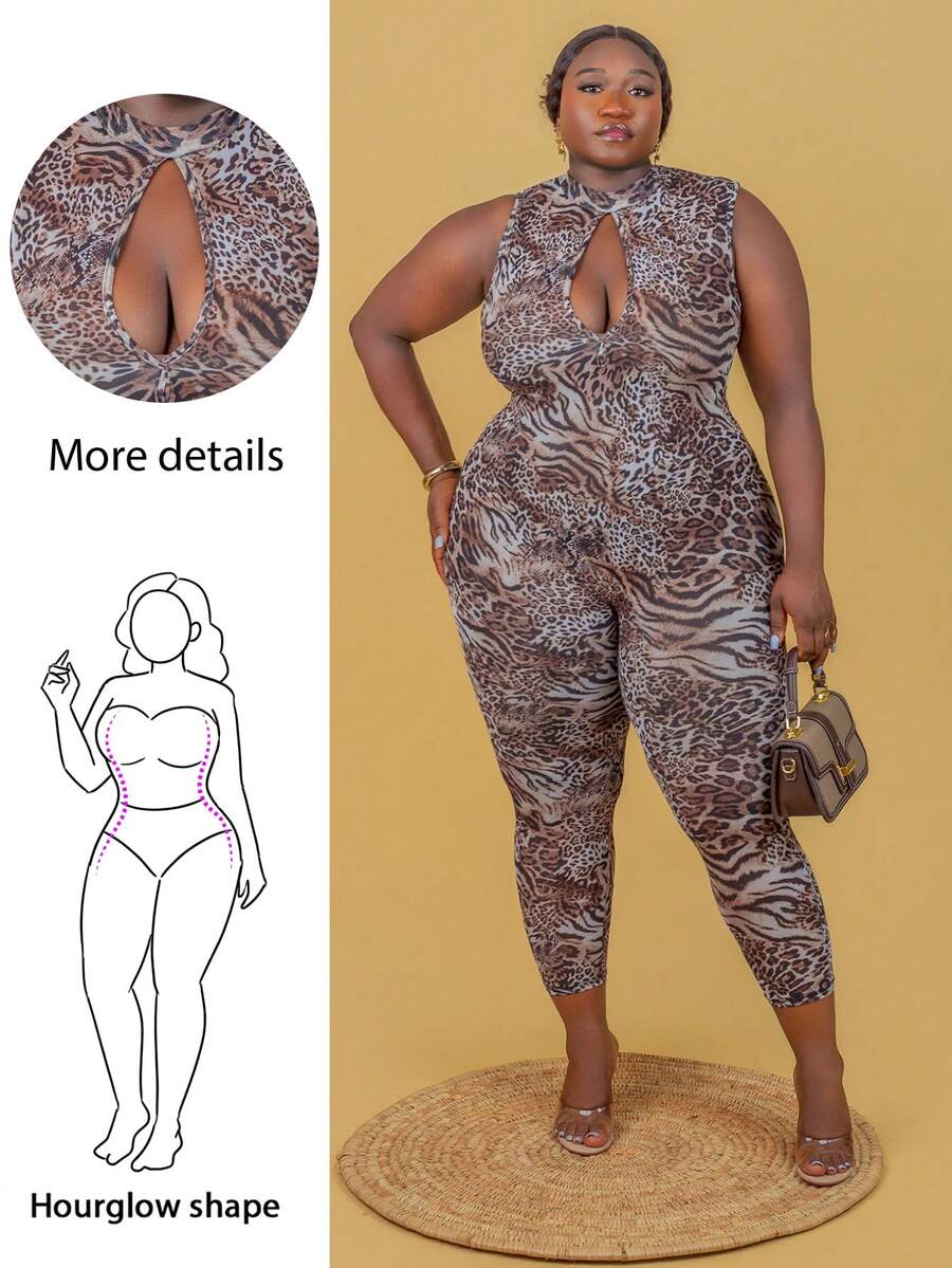 CurvyTilda Combinaison transparente sexy à imprimé animal et ajourée, grande taille. Tenue pour le Nouvel An, soirée, bal de promo, imprimé léopard. Tenue de club sexy pour femmes, pour une silhouette en sablier. - Multicolore - Voir 1