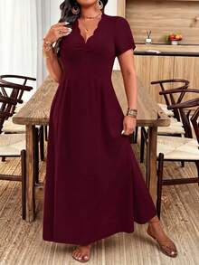 SHEIN Holidaya Đầm dài công sở thời trang cổ lượn sóng dành cho nữ cỡ lớn - Màu Đỏ Sâu - Xem 4