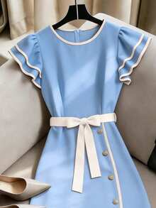 Franclia New Stylish Elegant Colorblock Split Hem Dress - Sky Blue - View 3