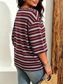 EMERY ROSE Plus Size Women Casual Striped Print Drop Shoulder T-Shirt, Suitable For Summer - Multicolor - View 2