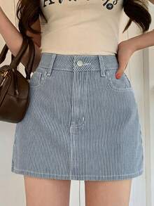 DAZY Chân váy denim ngắn dáng suông kẻ sọc kiểu dáng thường ngày dành cho nữ, thích hợp cho mùa hè. - Rửa nhẹ - Xem 5