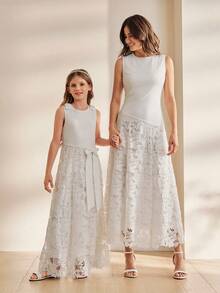 Anewsta Vestido de verano para niñas con chaleco blanco de unicolor con parches de encaje y lazo - Blanco - Ver 3