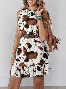 Wildy Women's Cow Print Sleeveless Mini Dress,Casual Country Western Music Festival Outfits,Summer White Animal Print Concert Outfit,BOHO Chic Vacation - Multicolor - View 6