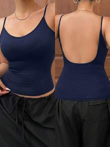 Dazy Plus Solid Color Elastic Fitted Cropped Camisole, Spring/Summer - Navy Blue - View 1