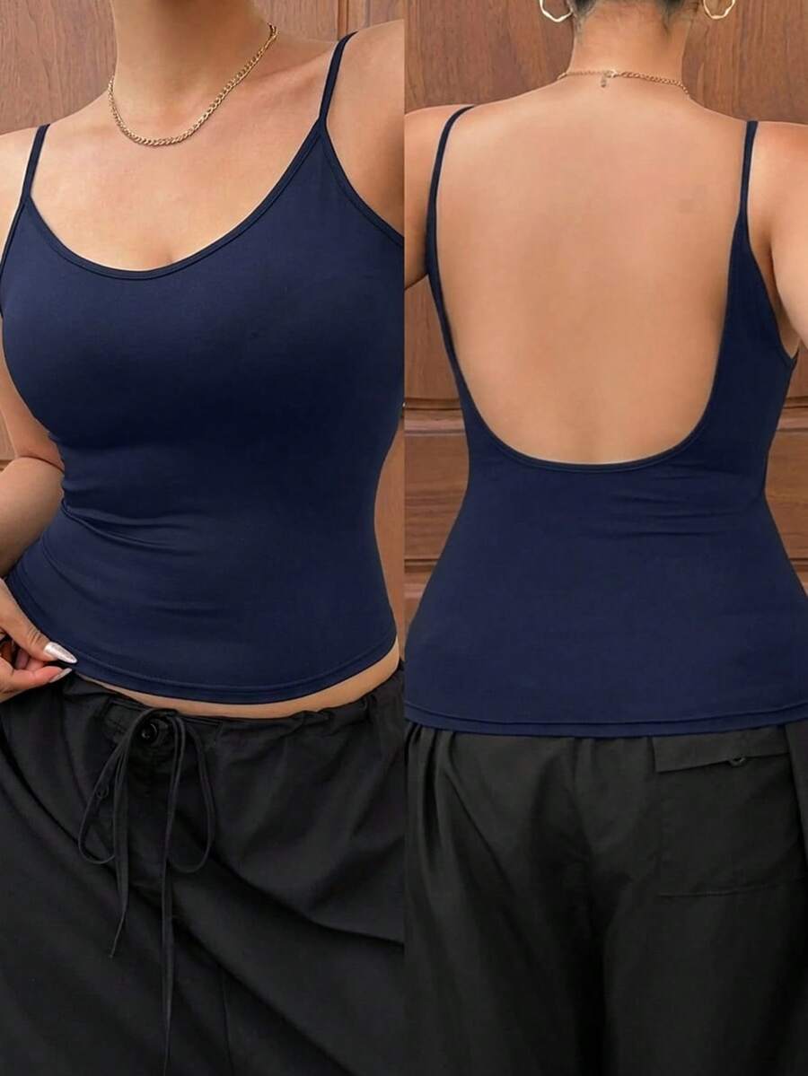 Dazy Plus Solid Color Elastic Fitted Cropped Camisole, Spring/Summer - Navy Blue - View 1
