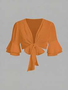 Qadelle Solid Color Cropped Shirt With Flared Sleeves And Front Tie - Baby Blue - View 7
