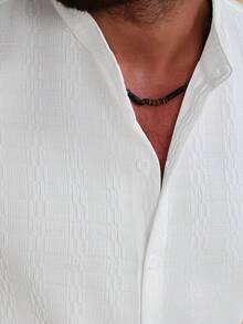 Manfinity Homme 男士白色夏季休閒兩件套，緹花短袖立領襯衫與抽繩腰寬鬆直筒長褲，度假度假穿搭，正式 - 白色 - 查看 7