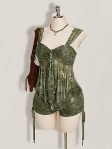 SHEIN ICON 2件套夏季女士外出波西米亚风印花褶皱系带吊带背心和抽绳系腰短裤 - 綠色 - 查看 4