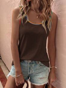 EMERY ROSE Women's Spring/Summer New Arrival Denim Effect Texture Printed U-Neck Casual Versatile Sleeveless Tank Top - Coffee Brown - View 4