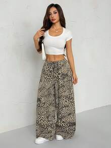 SHEIN PETITE Pantalones largos con cordón y estampado de leopardo para mujer - Marrón - Ver 6