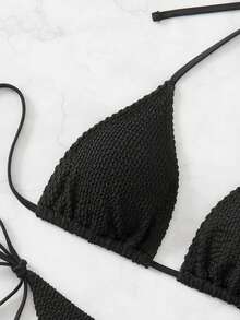 SHEIN Swim 纯色纹理吊带比基尼夏季 - 黑色 - 查看 4