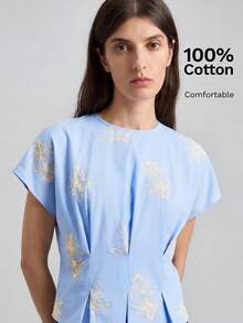 Ontre Áo nữ màu mơ đặc biệt, chất liệu vải dệt họa tiết sóng, cổ tròn, không tay, dáng chữ H, phong cách thành thị năng động, công sở, đi làm, thời trang cao cấp, chất liệu sang trọng, mang đến vẻ ngoài thanh lịch. - Màu xanh lam - Xem 5
