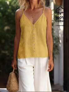 Zayélia Women's Camisole With Button Decor - Yellow - View 3