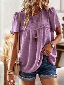 SHEIN Women's Contrast Lace Round Neck Short Sleeve Blouse - Purple - View 5