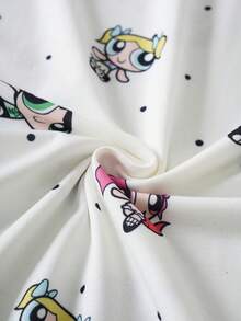 THE POWERPUFF GIRLS X SHEIN Tween Girls' Casual Comfortable Cartoon Polka Dot Print Round Neck Short Sleeve Nightgown, Summer - White - View 6