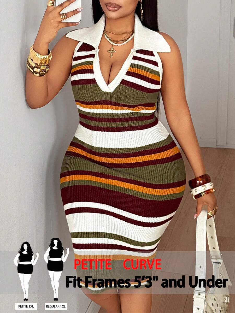 SHEIN PETITE CURVE 大码女士条纹吊带紧身针织连衣裙 - 彩色 - 查看 1