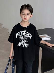 DAZY Kaos oblong polos berkerah bulat, longgar, bermotif untuk anak laki-laki usia praremaja, musim panas. - Hitam - View 5