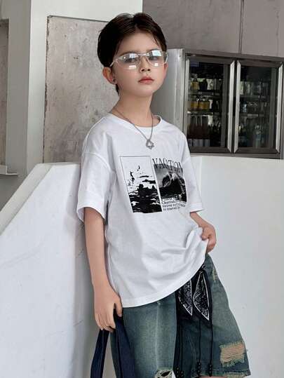 DAZY 休闲印花短袖T恤，宽松版型，适合幼儿男童（加大码）
