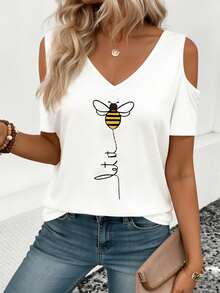 EMERY ROSE Cute Bee Pattern Letter Slogan V-Neck Off-Shoulder Short Sleeve T-Shirt Holiday White Summer - White - View 1